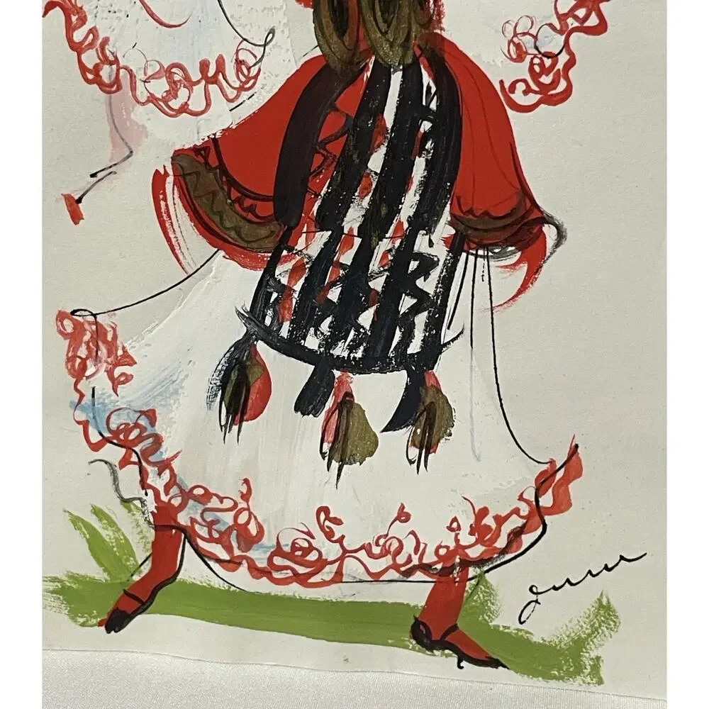 VTG Hand Painted Greeting Card w Envelope Mid Century Woman Red Folk Dress OOAK